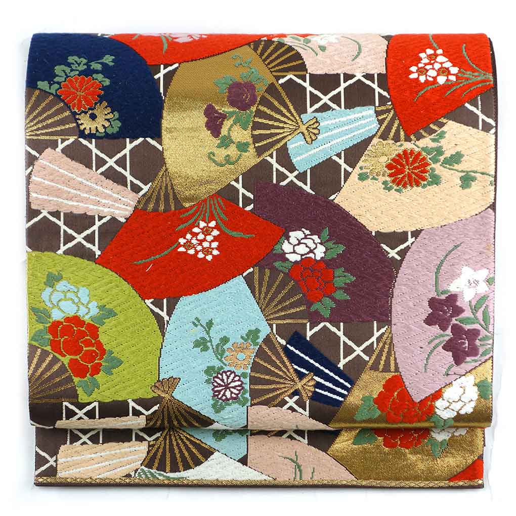 袋帯 リサイクル帯 幅31cm 長さ433cm レディース 扇面 秋冬春用 正絹（シルク）ブラウン 美品 リメイク リユース【ランクA】