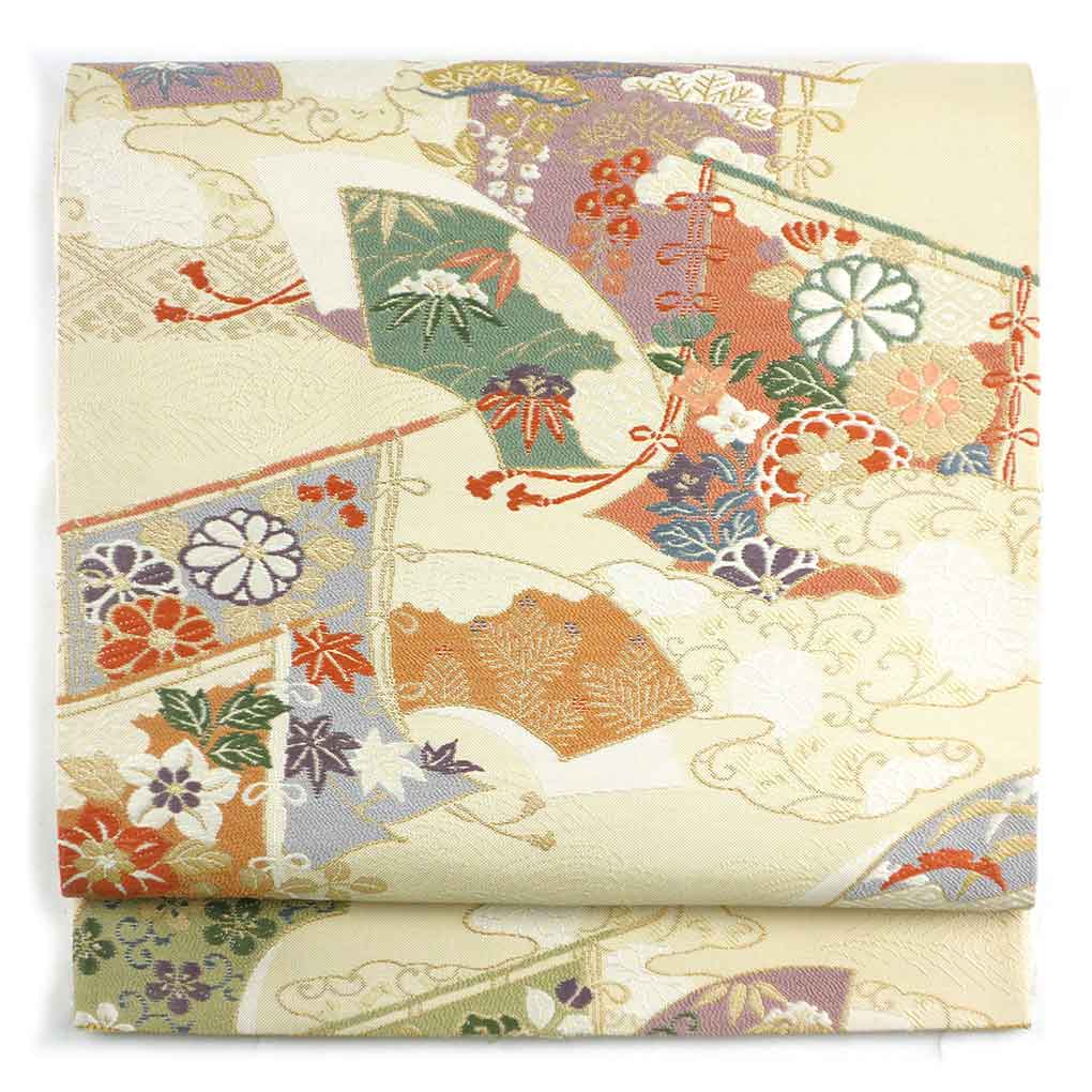 袋帯 リサイクル帯 幅31cm 長さ428cm レディース 扇面 秋冬春用 正絹（シルク）ベージュ 美品 リメイク リユース【ランクA】