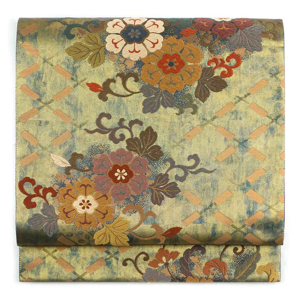 袋帯 リサイクル帯 幅31cm 長さ450cm レディース 萩柄 秋冬春用 正絹（シルク）グリーン 美品 リメイク リユース【ランクA】