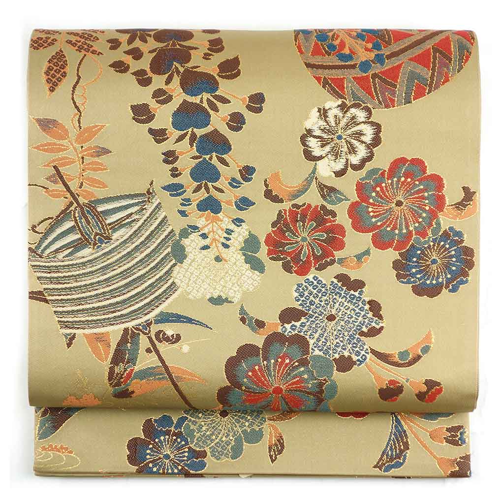 袋帯 リサイクル帯 幅31cm 長さ435cm レディース 手毬 秋冬春用 正絹（シルク）ブラウン 未使用品 リメイク リユース【ランクS】