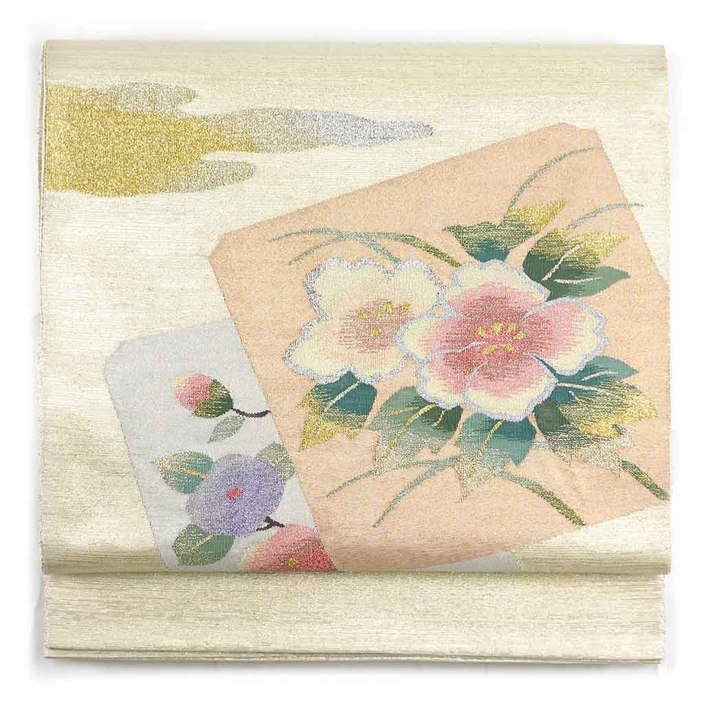 袋帯 リサイクル帯 幅31cm 長さ462cm レディース 花柄 秋冬春用 正絹（シルク）シルバー 美品 リメイク リユース【ランクA】