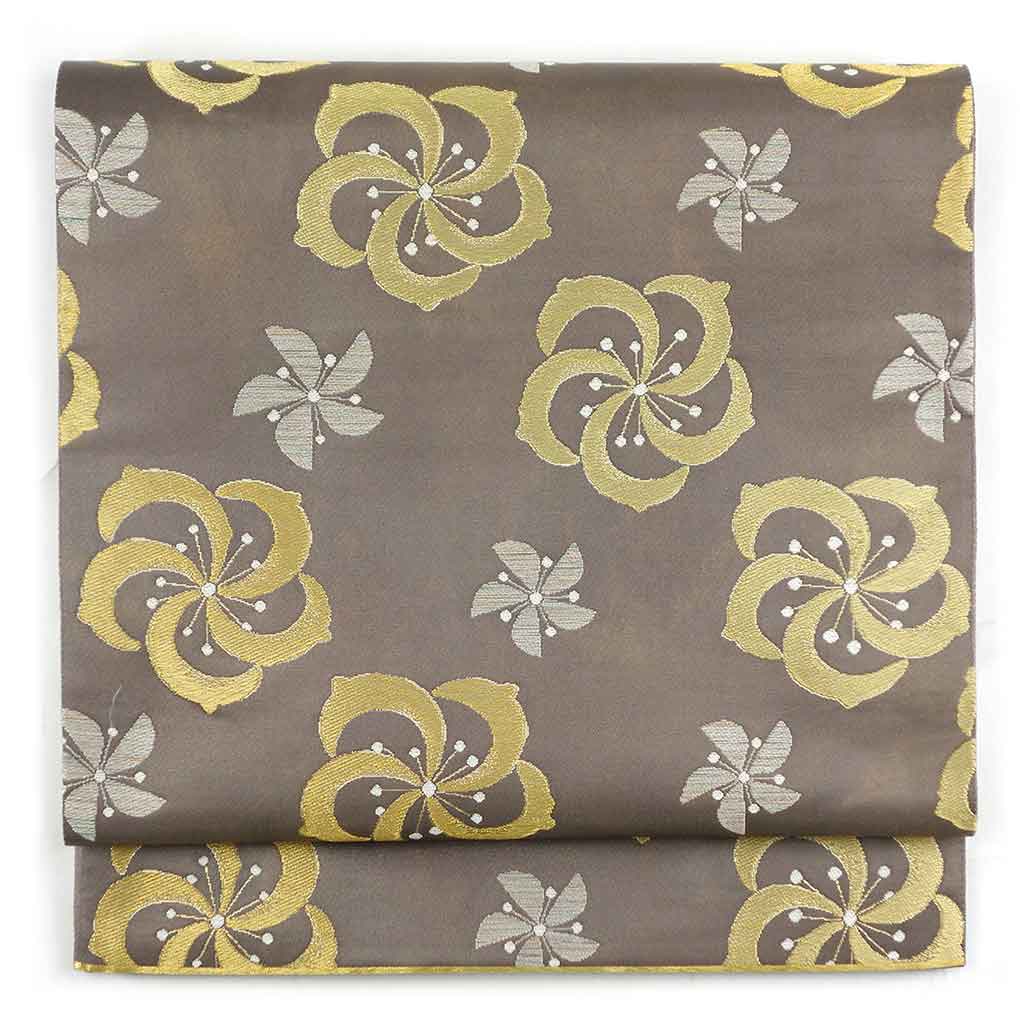 袋帯 リサイクル帯 幅31cm 長さ436cm レディース 連続模様 秋冬春用 正絹（シルク）ブラウン 美品 リメイク リユース【ランクA】