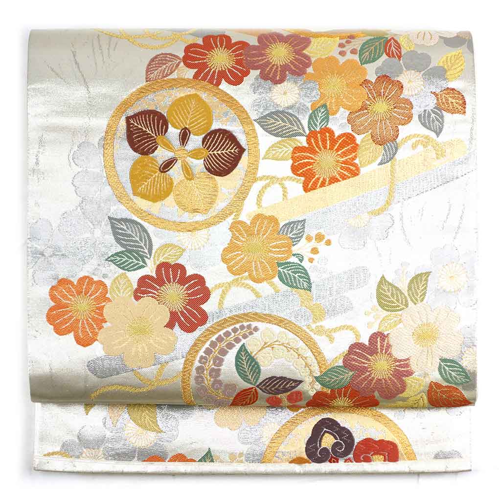 袋帯 リサイクル帯 幅31cm 長さ436cm レディース 花柄 秋冬春用 正絹（シルク）シルバー やや難 リメイク リユース【ランクB】