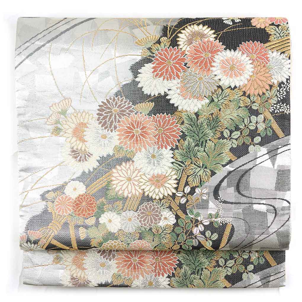 袋帯 リサイクル帯 幅31cm 長さ425cm レディース 花柄 秋冬春用 正絹（シルク）シルバー 美品 リメイク リユース【ランクA】