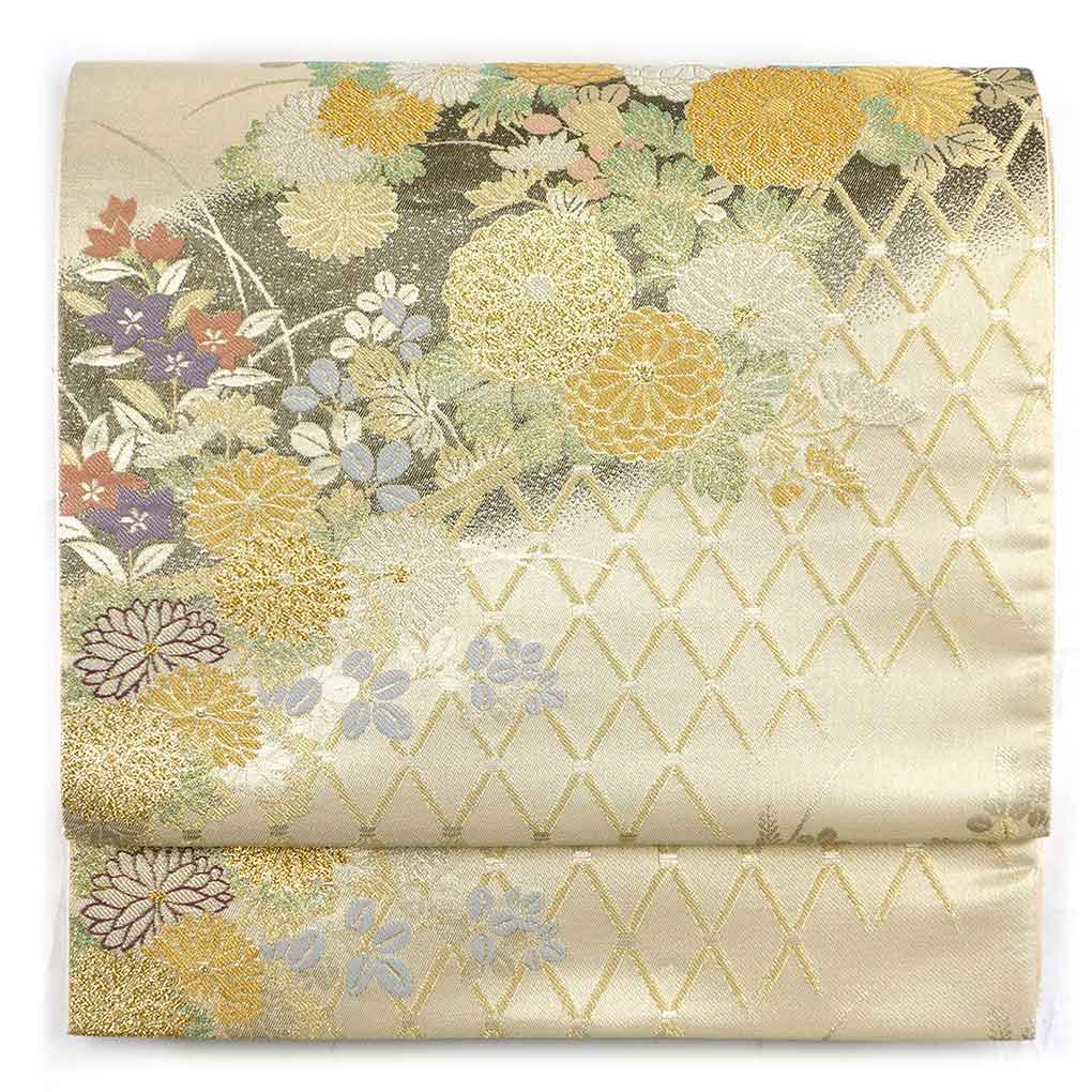 袋帯 リサイクル帯 幅31cm 長さ422cm レディース 花柄 秋冬春用 正絹（シルク）ベージュ 美品 リメイク リユース【ランクA】