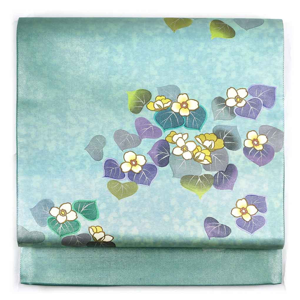 袋帯 リサイクル帯 幅31cm 長さ436cm レディース 花柄 秋冬春用 正絹（シルク）グリーン 美品 リメイク リユース【ランクA】