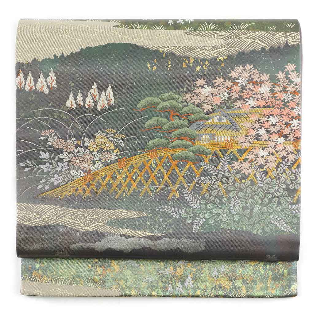 袋帯 リサイクル帯 幅31cm 長さ432cm レディース 風景画 秋冬春用 正絹（シルク）グレー 美品 リメイク リユース【ランクA】