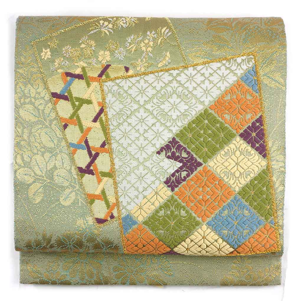 袋帯 リサイクル帯 幅30.5cm 長さ433cm レディース 花菱 秋冬春用 正絹（シルク）グリーン 美品 リメイク リユース【ランクA】