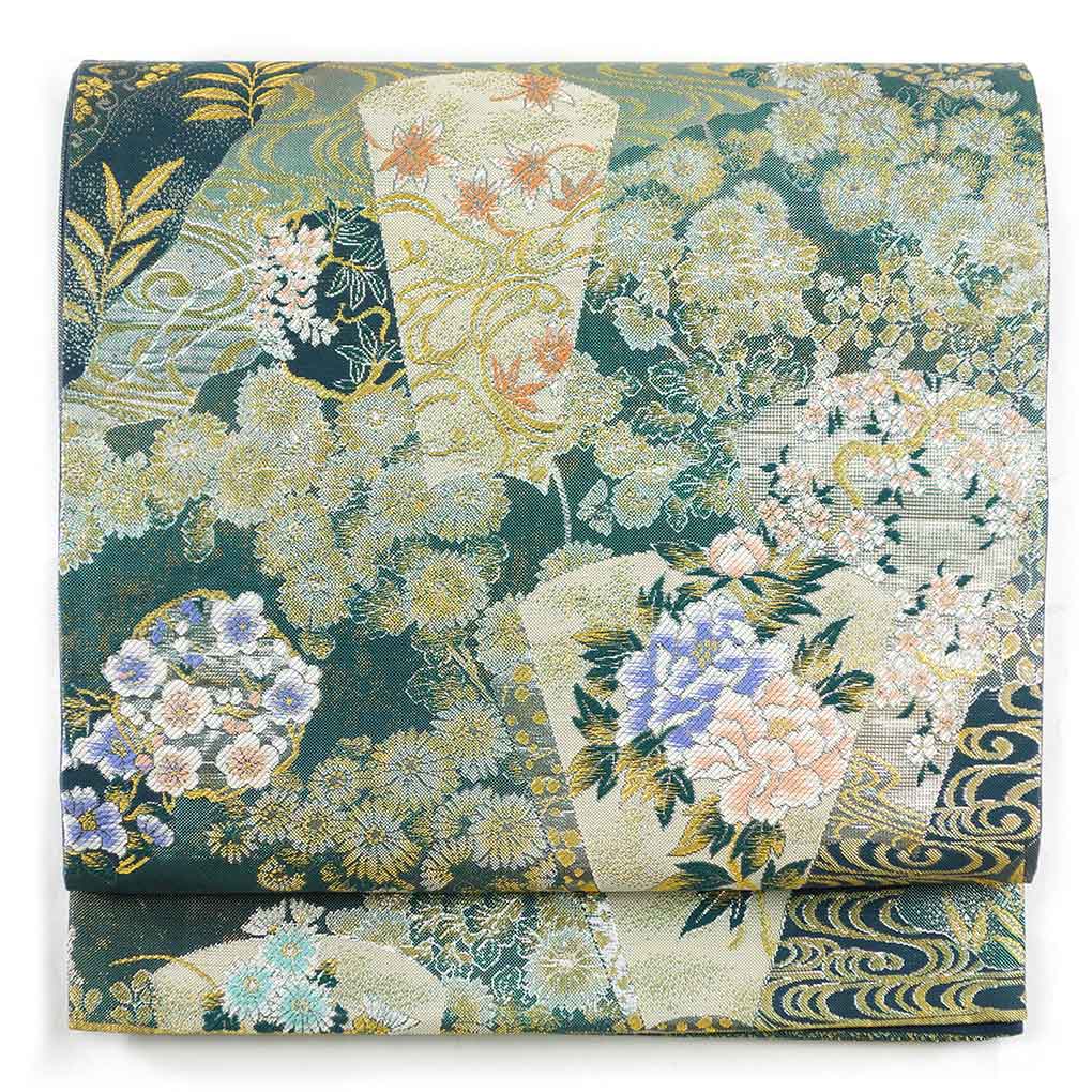 袋帯 リサイクル帯 幅31cm 長さ441cm レディース 花柄 秋冬春用 正絹（シルク）グリーン 美品 リメイク リユース【ランクA】