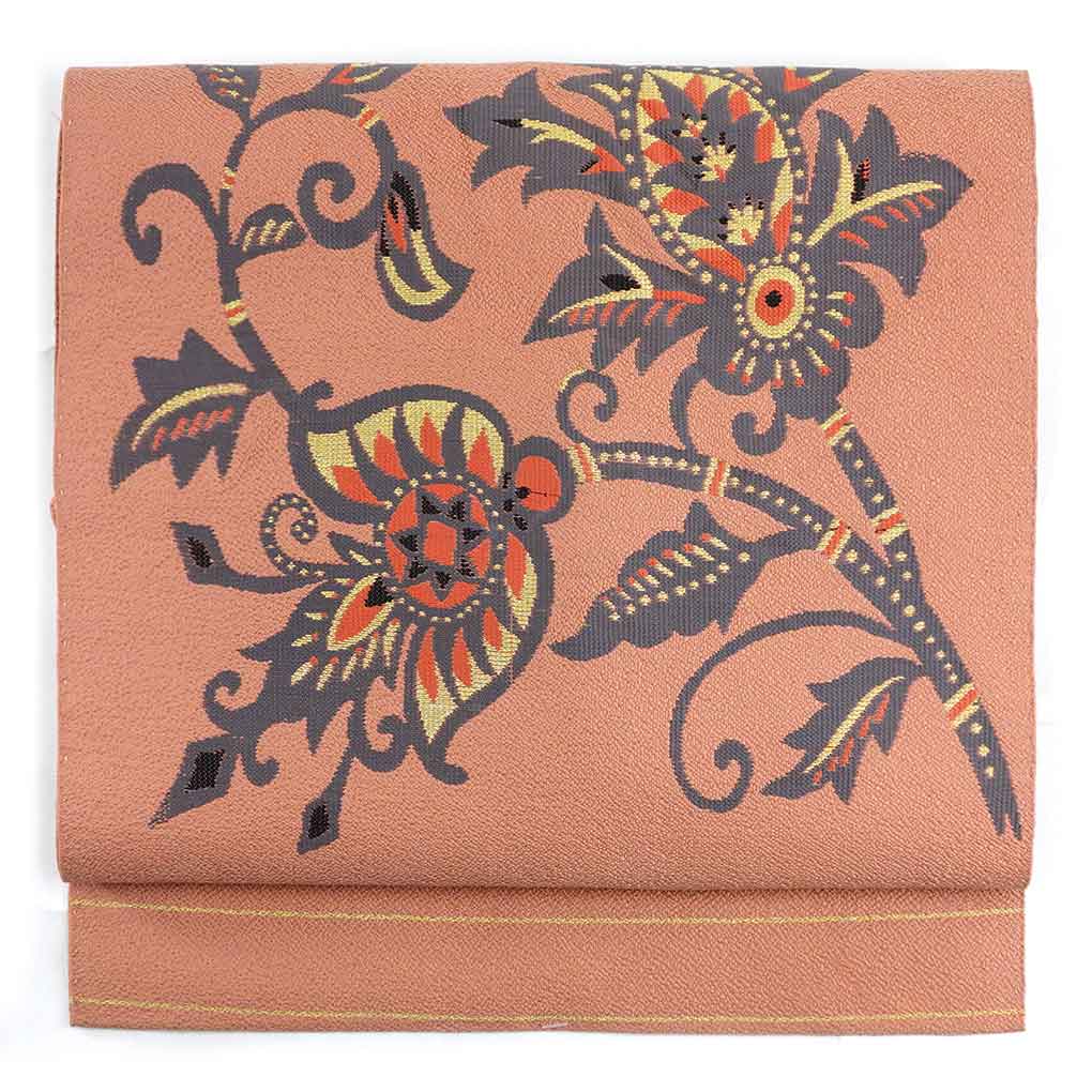 名古屋帯 リサイクル帯 幅30cm 長さ335cm レディース 抽象柄 秋冬春用 正絹（シルク）ブラウン 美品 リメイク リユース【ランクA】