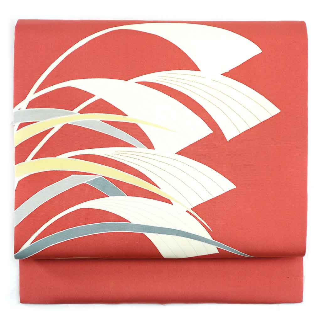 名古屋帯 リサイクル帯 幅30cm 長さ358cm レディース 抽象柄 秋冬春用 正絹（シルク）レッド 美品 リメイク リユース【ランクA】