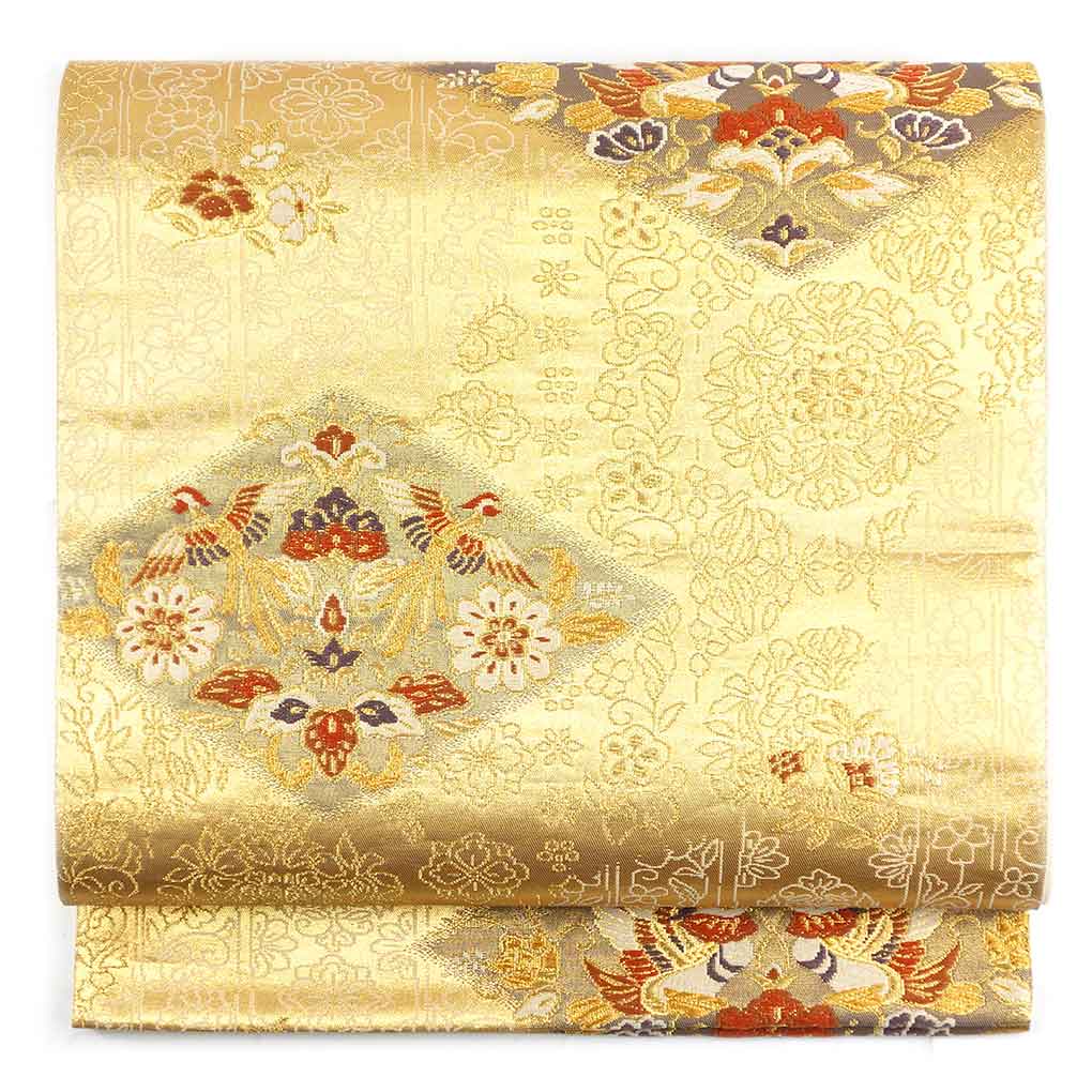 袋帯 リサイクル帯 幅31cm 長さ426cm レディース 花柄 秋冬春用 正絹（シルク）ゴールド 美品 リメイク リユース【ランクA】