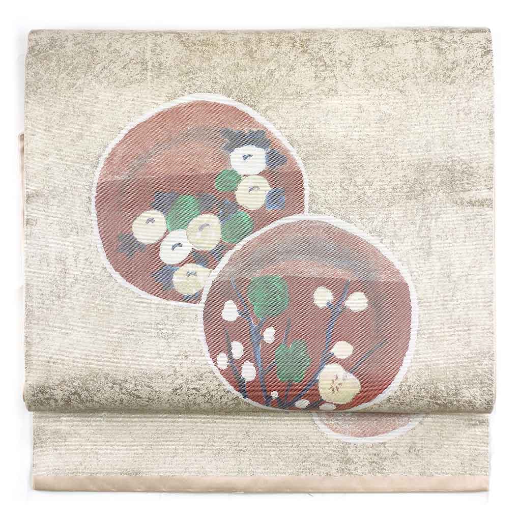 名古屋帯 リサイクル帯 幅31cm 長さ356cm レディース 花柄 秋冬春用 正絹（シルク）シルバー やや難 リメイク リユース【ランクB】