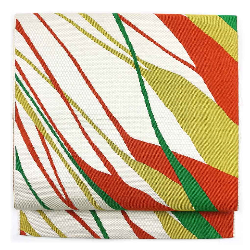 名古屋帯 リサイクル帯 幅30cm 長さ359cm レディース 抽象柄 秋冬春用 正絹（シルク）ホワイト やや難 リメイク リユース【ランクB】