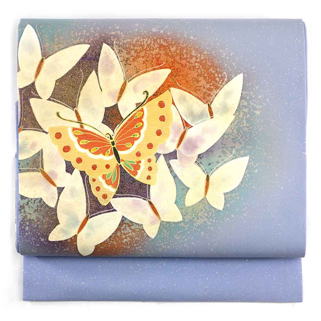 名古屋帯 リサイクル帯 幅30cm 長さ361cm レディース 蝶柄 秋冬春用 正絹（シルク）ブルー やや難 リメイク リユース【ランクB】