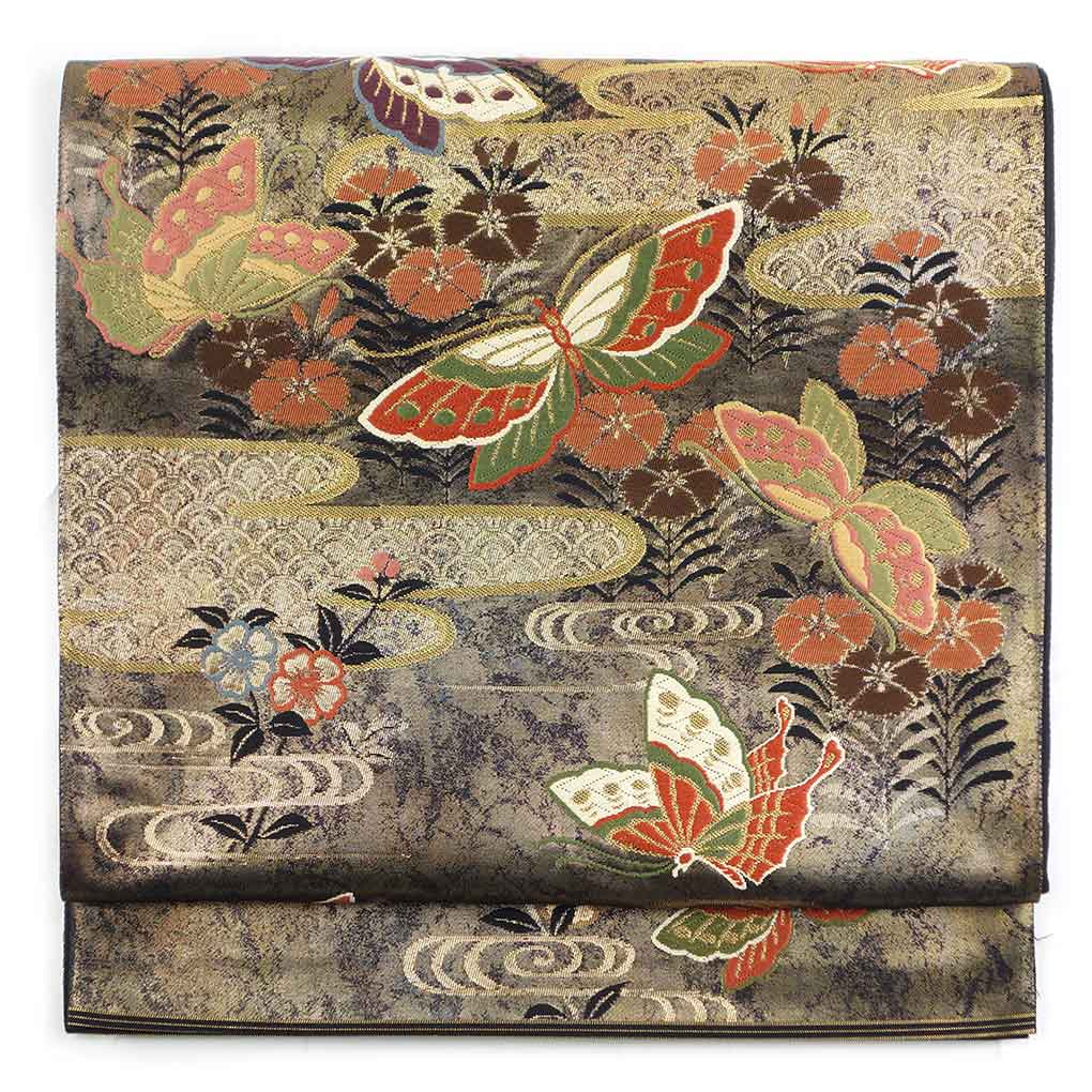 袋帯 リサイクル帯 幅31cm 長さ432cm レディース 蝶柄 秋冬春用 正絹（シルク）ブラック 美品 リメイク リユース【ランクA】
