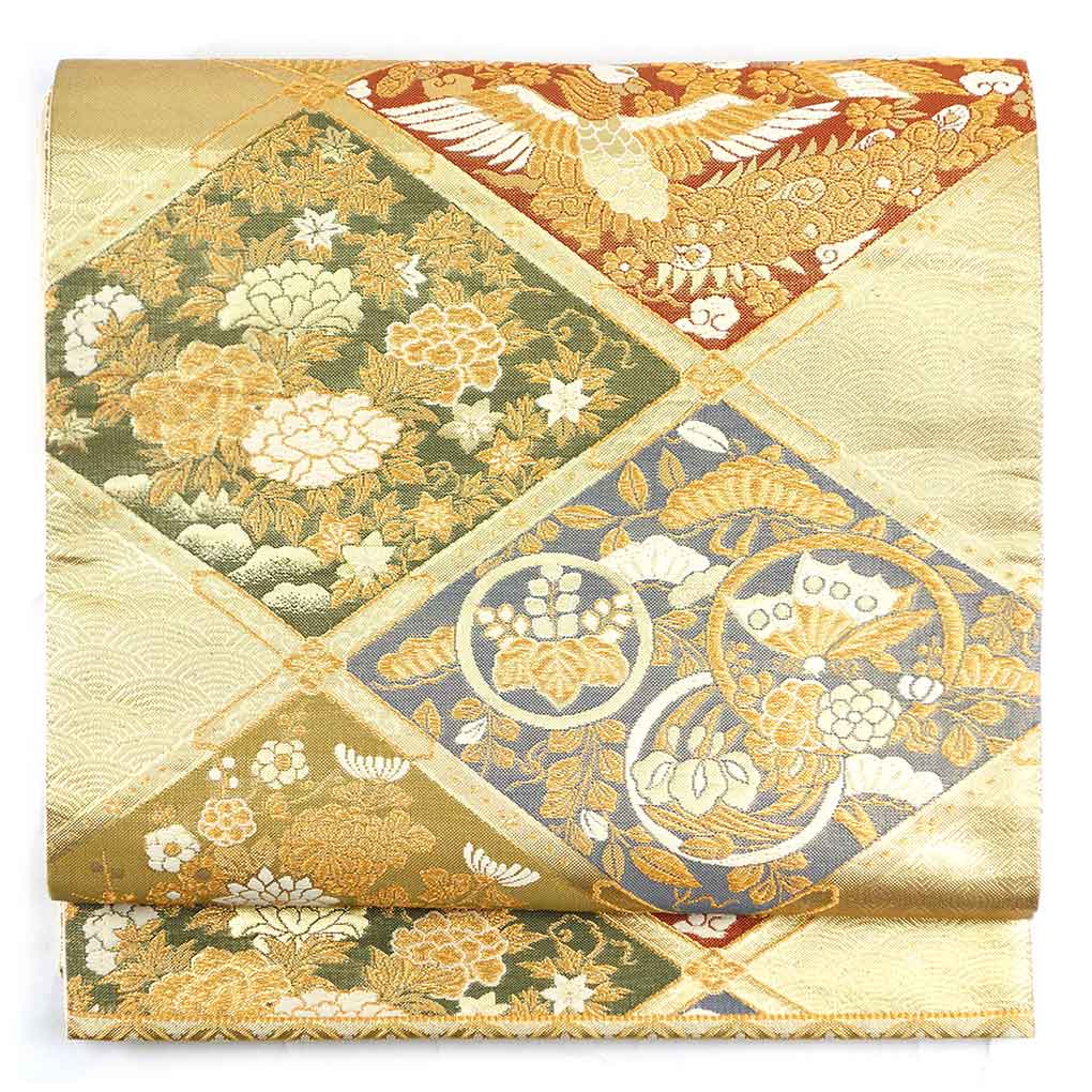 袋帯 リサイクル帯 幅31cm 長さ433cm レディース 花柄 秋冬春用 正絹（シルク）ゴールド 美品 リメイク リユース【ランクA】