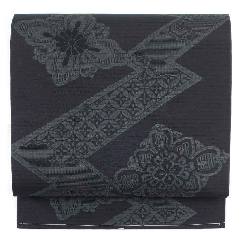 名古屋帯 リサイクル帯 幅30cm 長さ356cm レディース 花菱 夏用 正絹（シルク）ブラック 未使用品 リメイク リユース【ランクS】