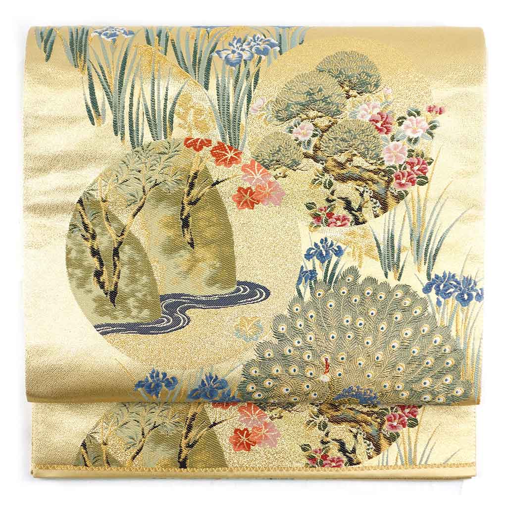 袋帯 リサイクル帯 幅31cm 長さ432cm レディース 孔雀 秋冬春用 正絹（シルク）ゴールド 美品 リメイク リユース【ランクA】