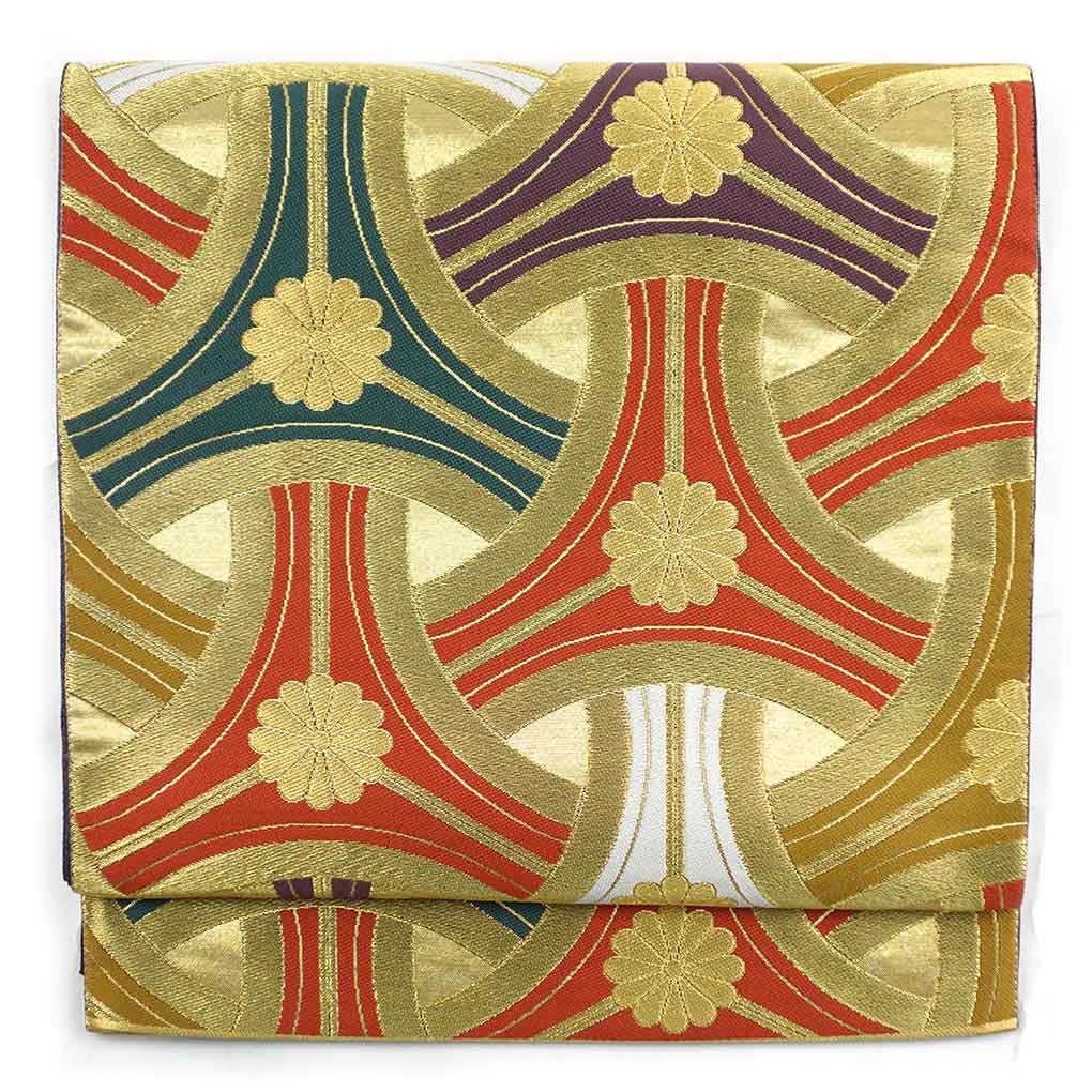 袋帯 リサイクル帯 幅31cm 長さ437cm レディース 連続模様 秋冬春用 正絹（シルク）ゴールド 美品 リメイク リユース【ランクA】