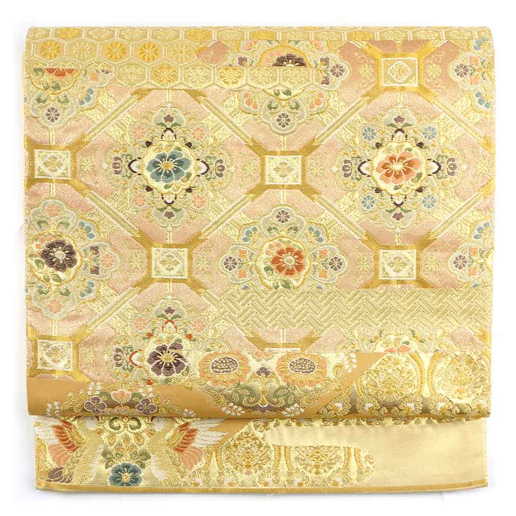 袋帯 リサイクル帯 幅31cm 長さ450cm レディース 天井紋 秋冬春用 正絹（シルク）ゴールド 美品 リメイク リユース【ランクA】