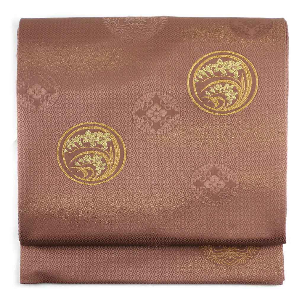 袋帯 リサイクル帯 幅31cm 長さ449cm レディース 花丸紋 秋冬春用 正絹（シルク）ブラウン 美品 リメイク リユース【ランクA】