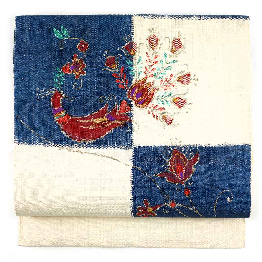 名古屋帯 リサイクル帯 幅31cm 長さ357cm レディース 市松 秋冬春用 正絹（シルク）ホワイト 未使用品 リメイク リユース【ランクS】