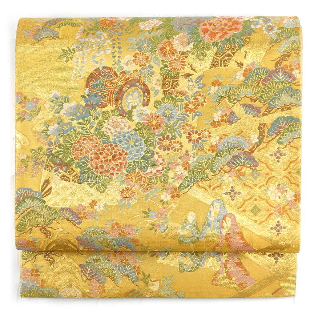 袋帯 リサイクル帯 幅30.5cm 長さ426cm レディース 花柄 秋冬春用 正絹（シルク）ゴールド 美品 リメイク リユース【ランクA】