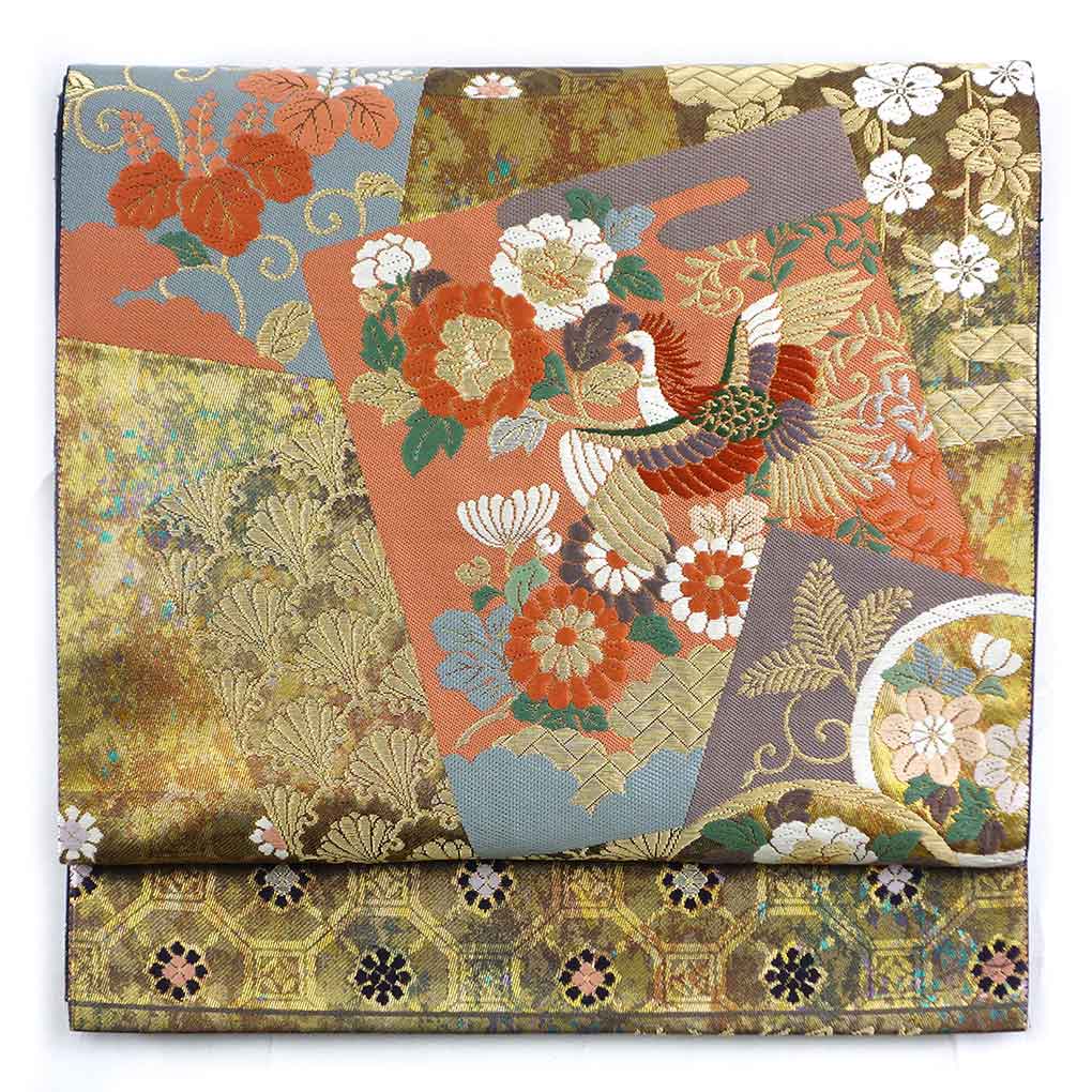 袋帯 リサイクル帯 幅31cm 長さ429cm レディース 鳳凰 秋冬春用 正絹（シルク）ゴールド 美品 リメイク リユース【ランクA】