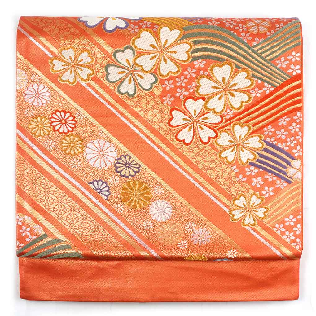 袋帯 リサイクル帯 幅31cm 長さ437cm レディース 花柄 秋冬春用 正絹（シルク）オレンジ 美品 リメイク リユース【ランクA】
