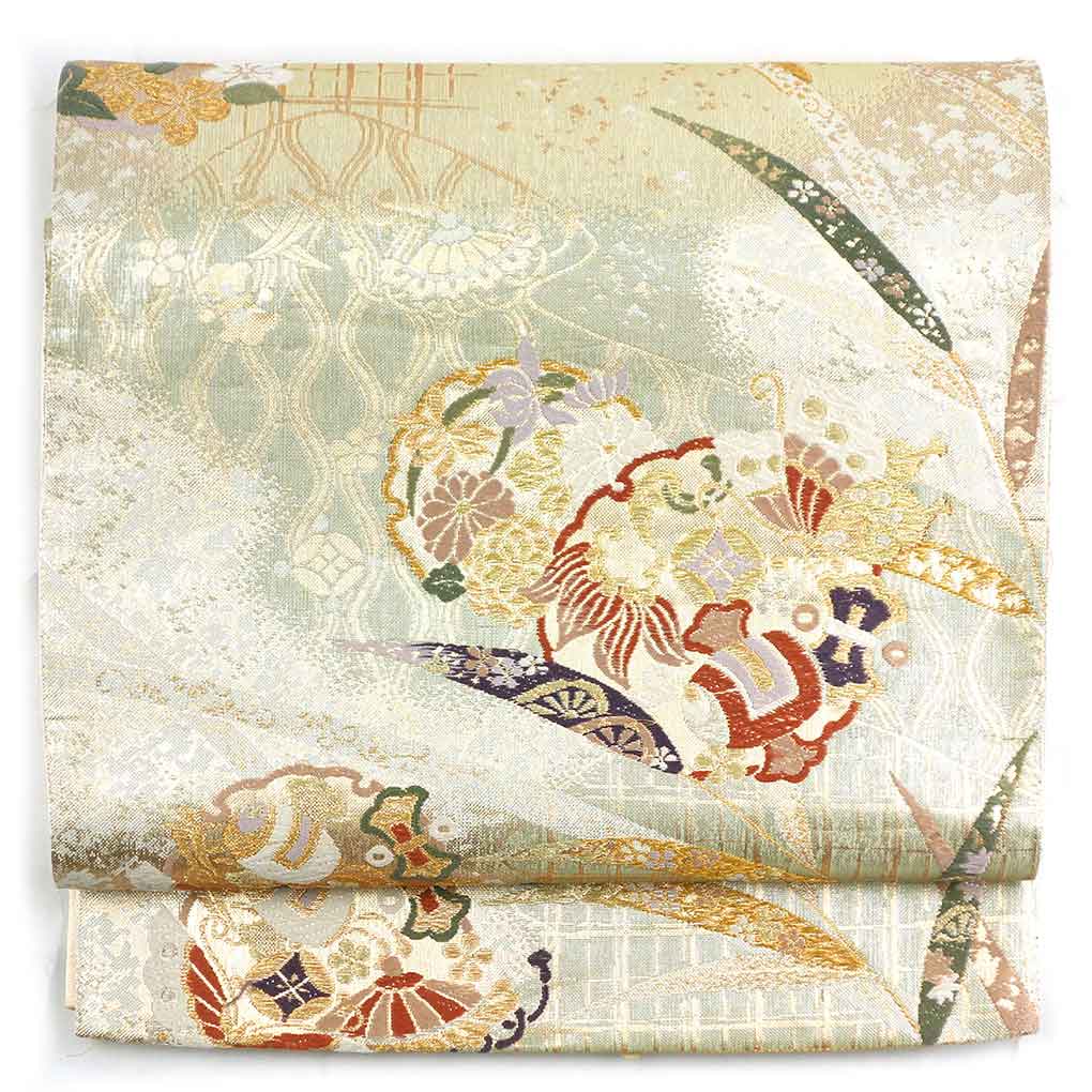 袋帯 リサイクル帯 幅31cm 長さ428cm レディース 雪輪 秋冬春用 正絹（シルク）ゴールド 美品 リメイク リユース【ランクA】