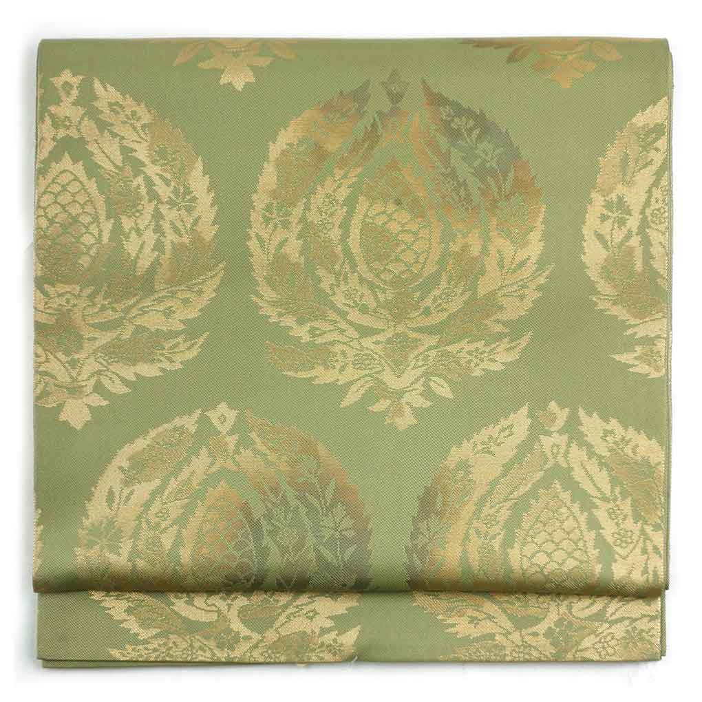 袋帯 リサイクル帯 幅30cm 長さ418cm レディース 植物 秋冬春用 正絹（シルク）グリーン 美品 リメイク リユース【ランクA】