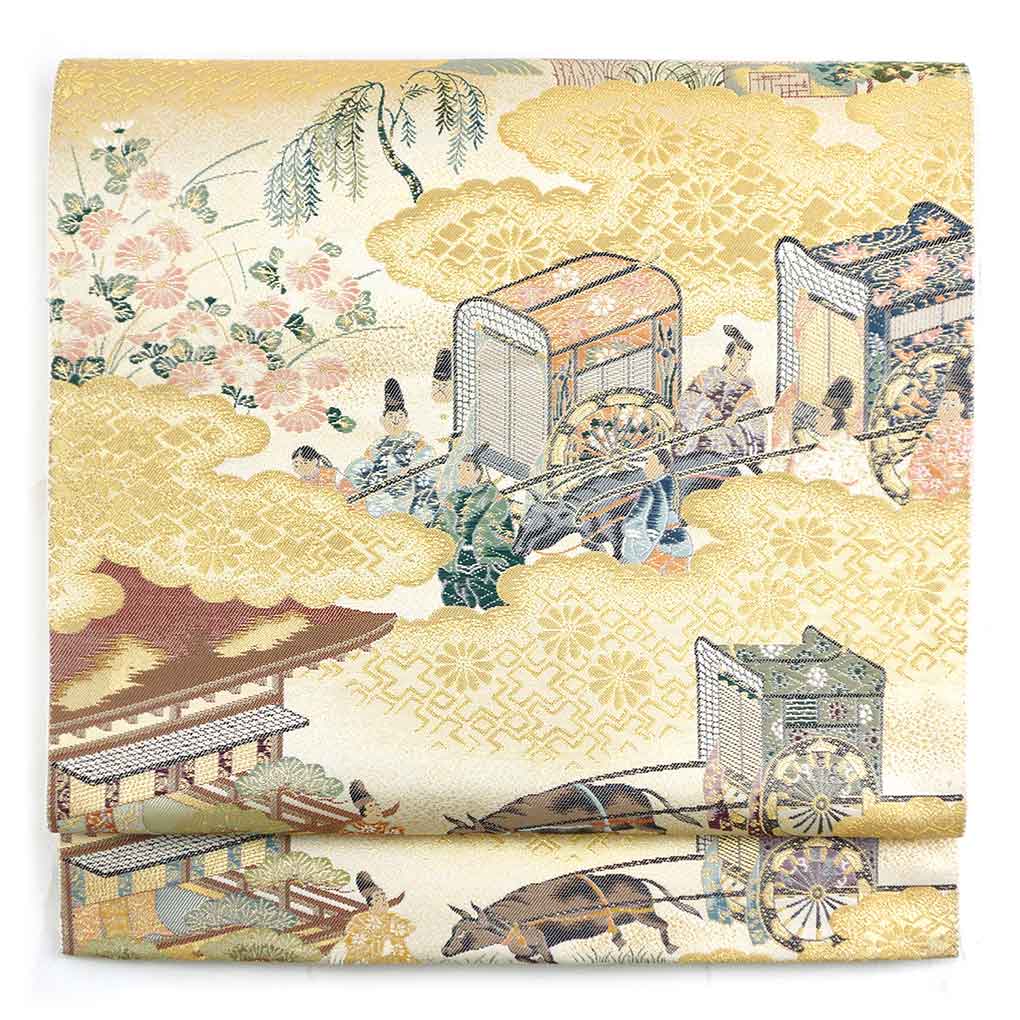 袋帯 リサイクル帯 幅31cm 長さ438cm レディース 御所車 秋冬春用 正絹（シルク）ゴールド 美品 リメイク リユース【ランクA】