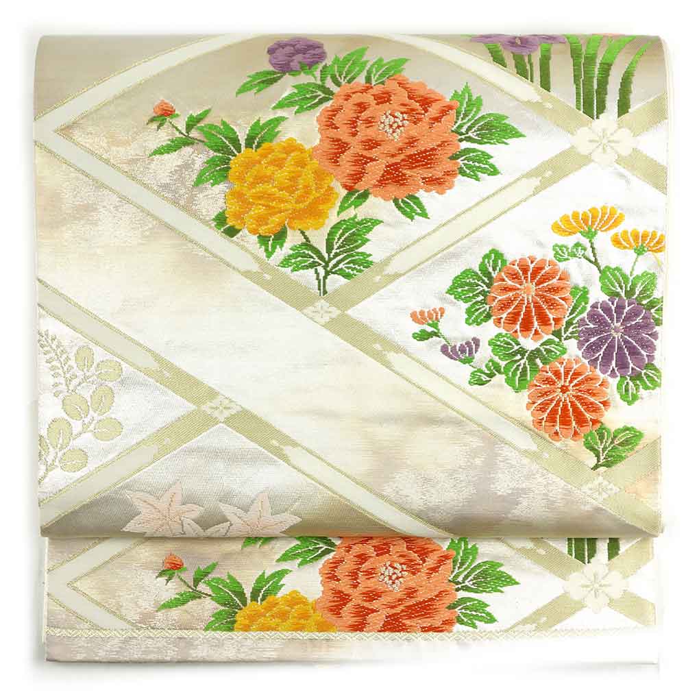 袋帯 リサイクル帯 幅30cm 長さ436cm レディース 花柄 秋冬春用 正絹（シルク）シルバー 美品 リメイク リユース【ランクA】