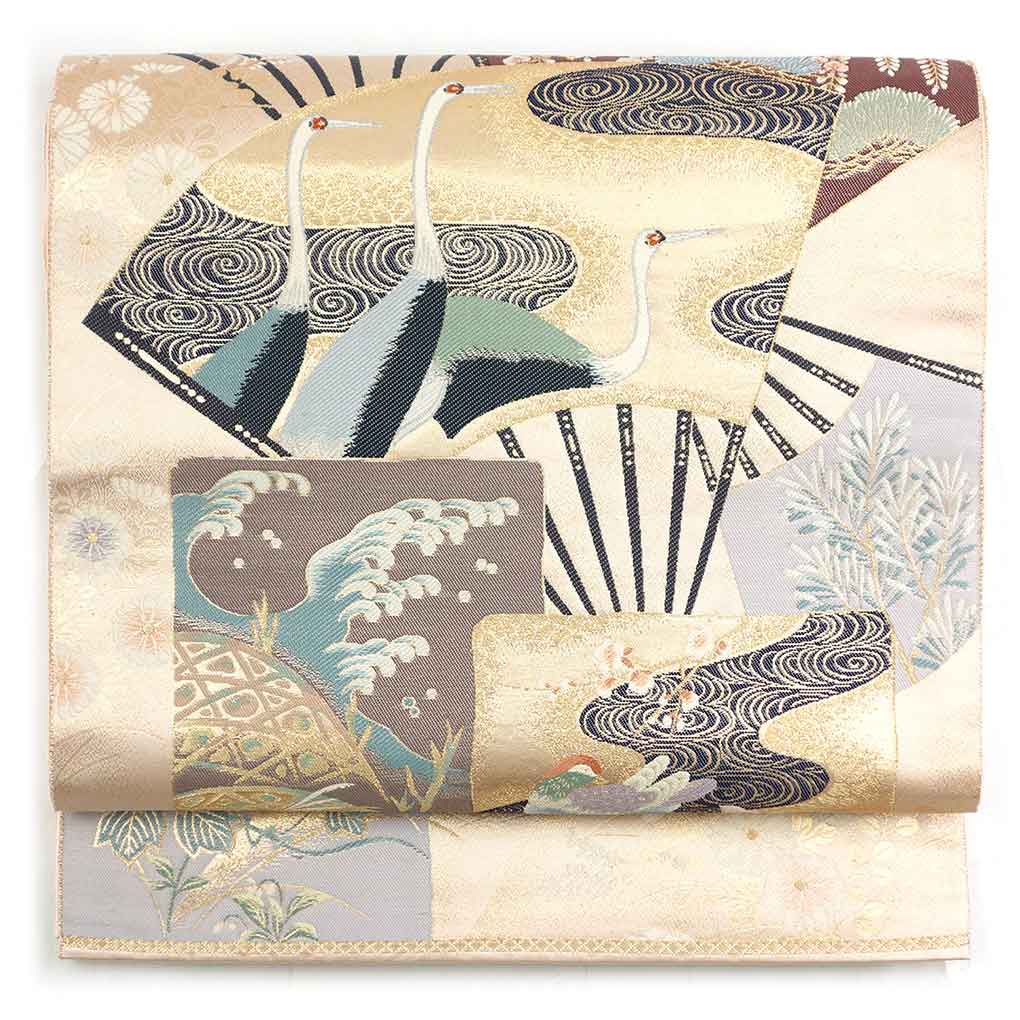 袋帯 リサイクル帯 幅31cm 長さ428cm レディース 扇面 秋冬春用 正絹（シルク）ピンク 美品 リメイク リユース【ランクA】