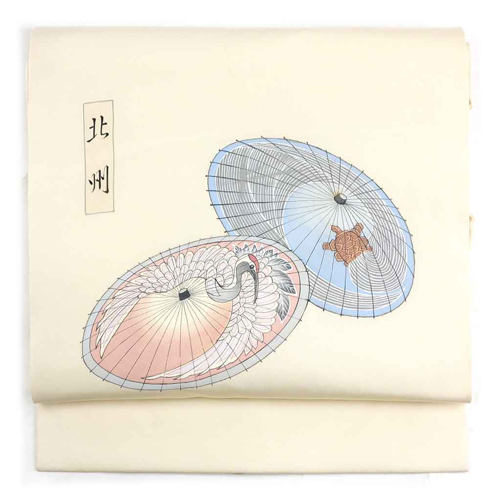 名古屋帯 リサイクル帯 幅30cm 長さ365cm レディース 傘 秋冬春用 正絹（シルク）ホワイト やや難 リメイク リユース【ランクB】