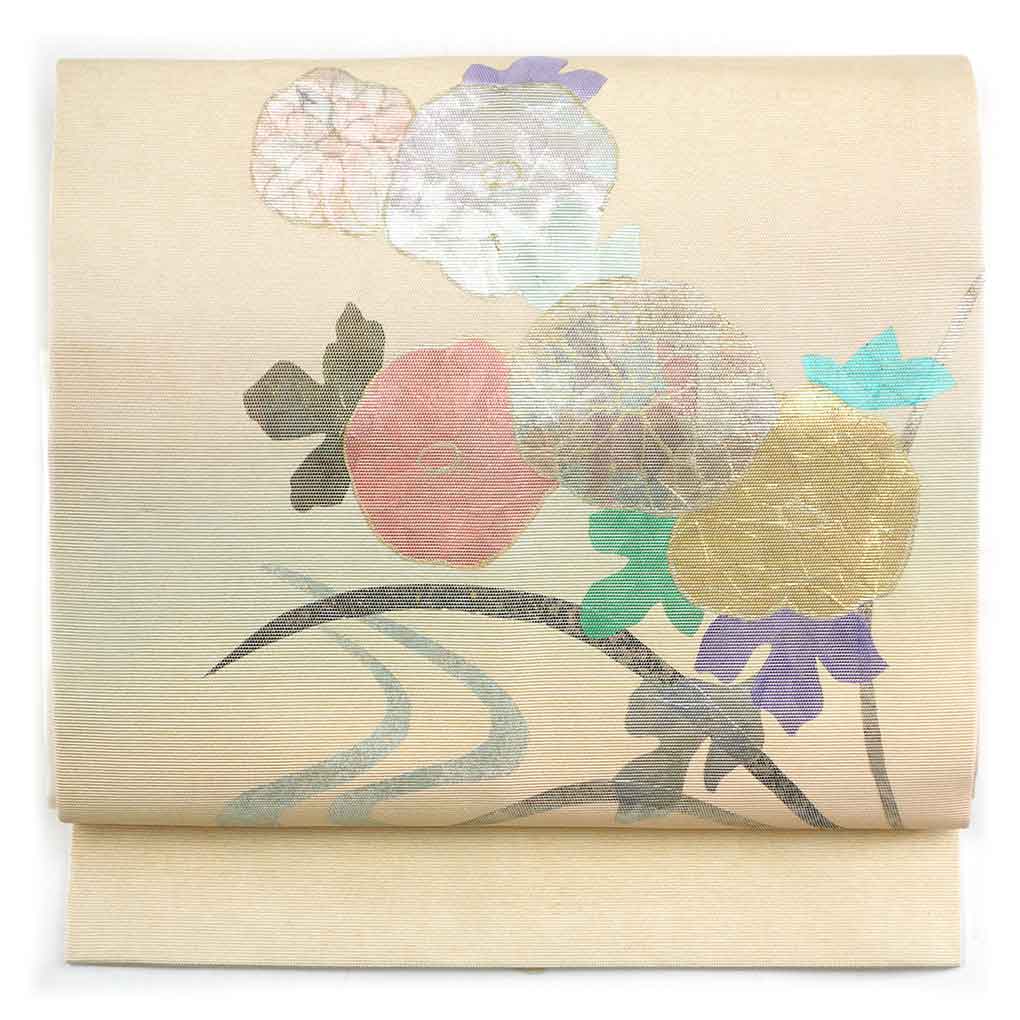 名古屋帯 リサイクル帯 幅30.5cm 長さ365cm レディース 花柄 秋冬春用 正絹（シルク）ブラウン やや難 リメイク リユース【ランクB】