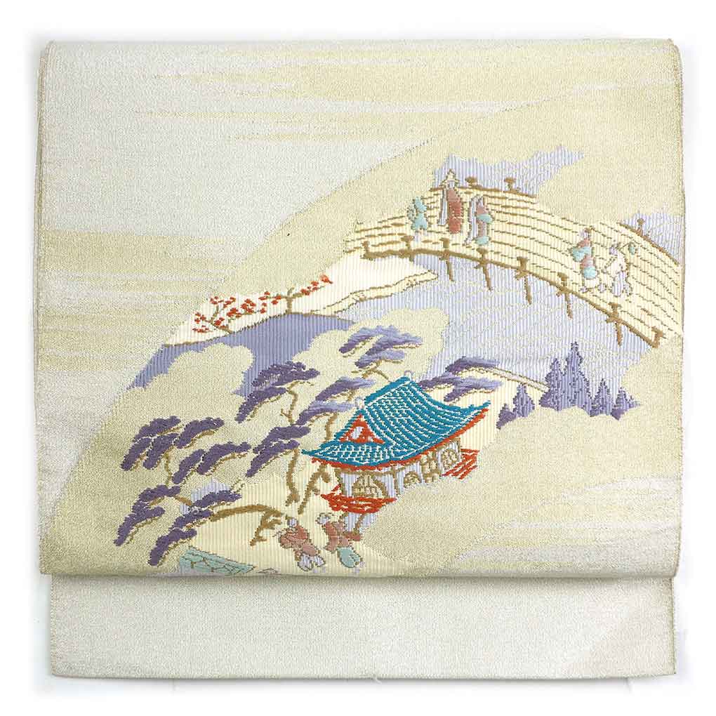 名古屋帯 リサイクル帯 幅30cm 長さ353cm レディース 風景画 秋冬春用 正絹（シルク）シルバー やや難 綴織 リメイク リユース【ランクB】