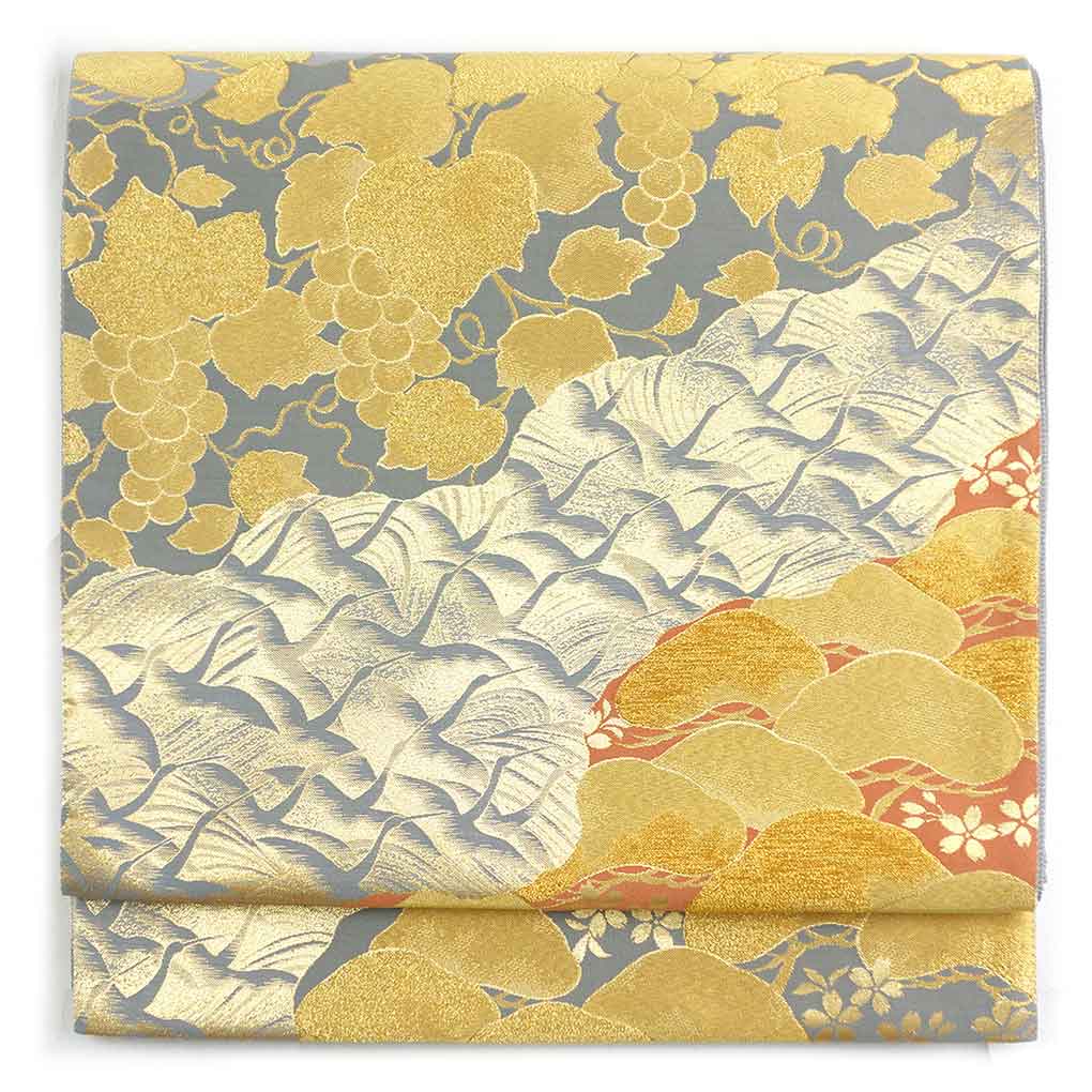 袋帯 リサイクル帯 幅30.5cm 長さ432cm レディース 松 秋冬春用 正絹（シルク）グレー 未使用品 リメイク リユース【ランクS】