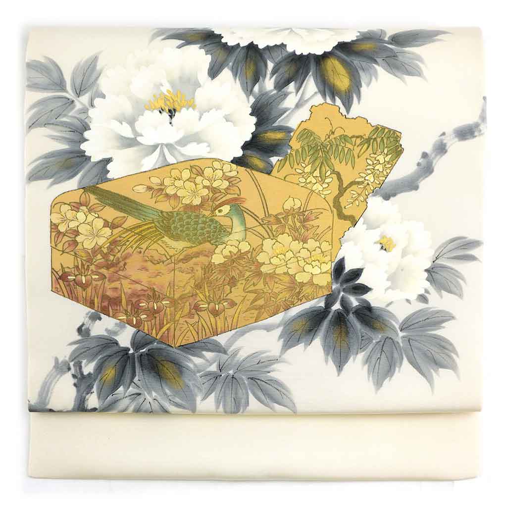 名古屋帯 リサイクル帯 幅30.5cm 長さ368cm レディース 萩柄 秋冬春用 正絹（シルク）ホワイト 未使用品 塩瀬 リメイク リユース【ランクS】