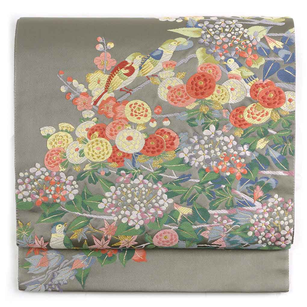 袋帯 リサイクル帯 幅31cm 長さ433cm レディース ウグイス 秋冬春用 正絹（シルク）グレー 美品 リメイク リユース【ランクA】