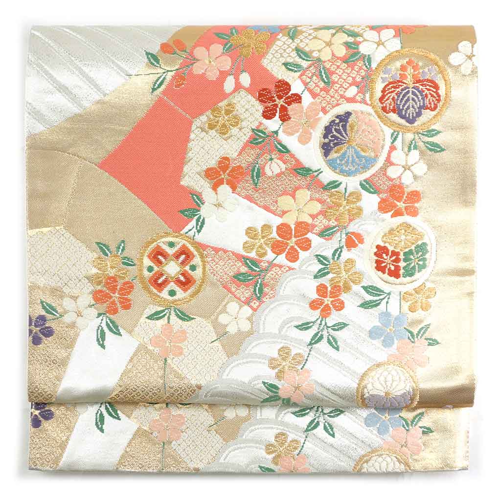 袋帯 リサイクル帯 幅30.5cm 長さ422cm レディース 花柄 秋冬春用 正絹（シルク）シルバー 未使用品 リメイク リユース【ランクS】