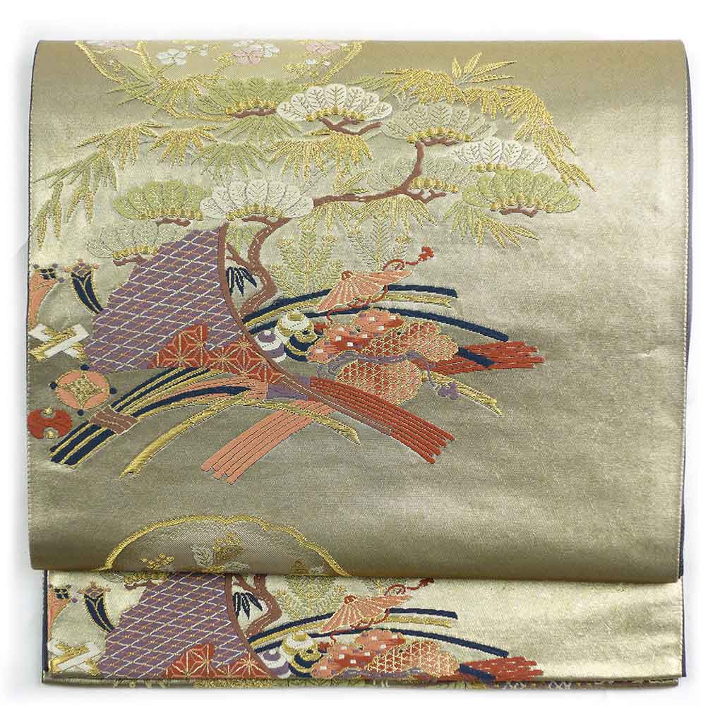 袋帯 リサイクル帯 幅30.5cm 長さ431cm レディース 松 秋冬春用 正絹（シルク）ゴールド 美品 リメイク リユース【ランクA】