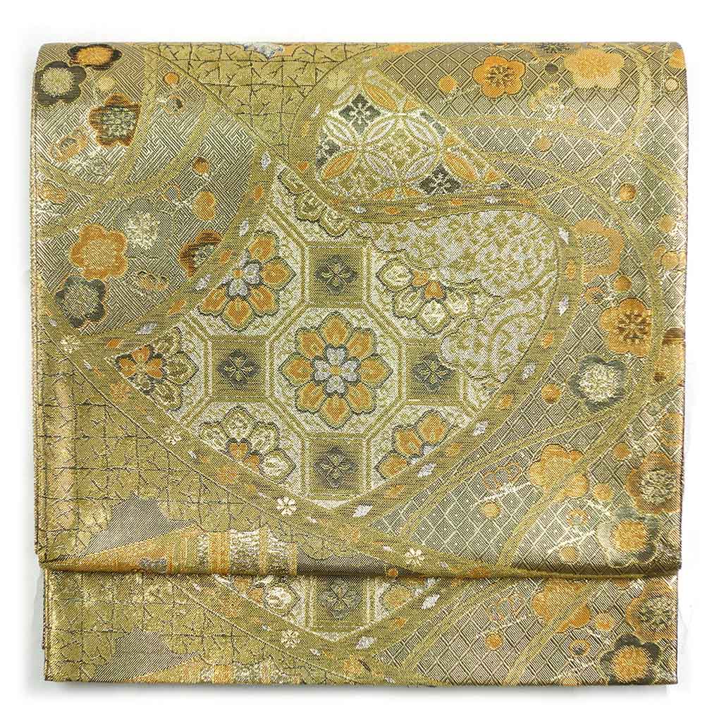 袋帯 リサイクル帯 幅31cm 長さ430cm レディース 蜀江 秋冬春用 正絹（シルク）ゴールド 未使用品 リメイク リユース【ランクS】