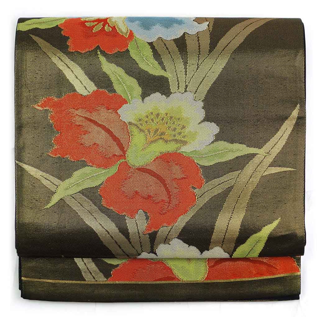 袋帯 リサイクル帯 幅30.5cm 長さ418cm レディース 花柄 秋冬春用 正絹（シルク）ブラック 美品 リメイク リユース【ランクA】