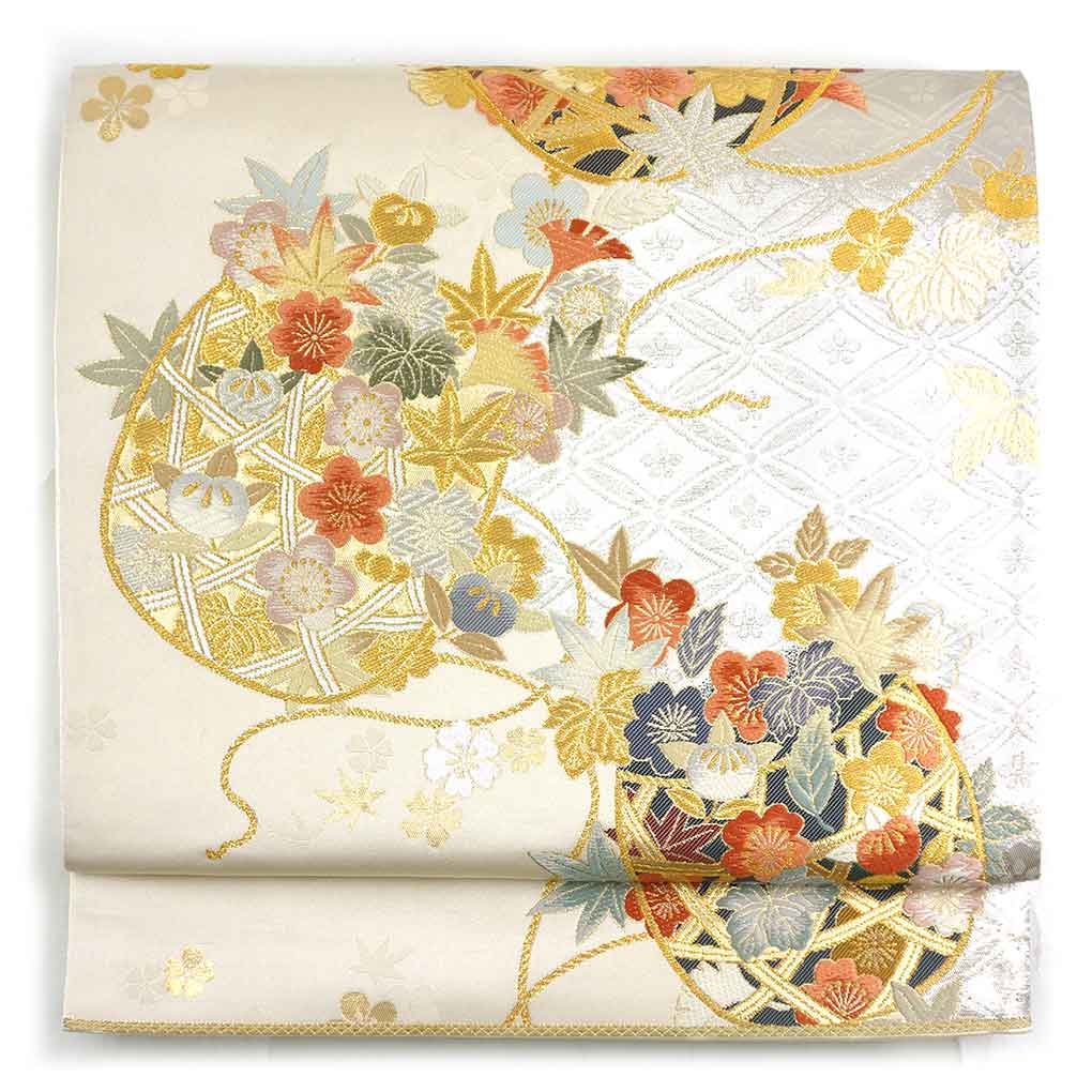 袋帯 リサイクル帯 幅31cm 長さ439cm レディース 花籠 秋冬春用 正絹（シルク）ベージュ 美品 リメイク リユース【ランクA】