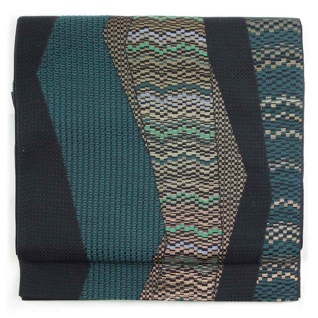 名古屋帯 リサイクル帯 幅31cm 長さ363cm レディース 抽象柄 秋冬春用 正絹（シルク）ブラック 美品 リメイク リユース【ランクA】