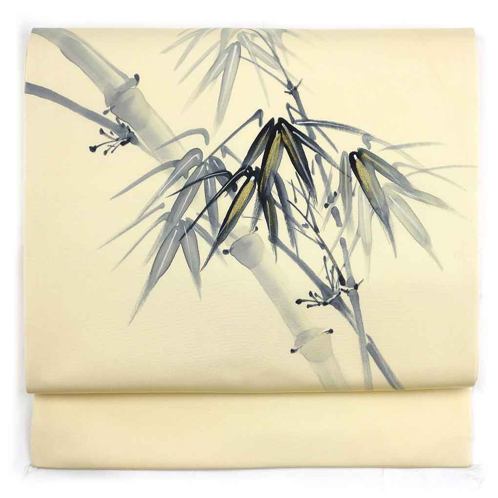 名古屋帯 リサイクル帯 幅32cm 長さ375cm レディース 笹 秋冬春用 正絹（シルク）イエロー やや難 リメイク リユース【ランクB】