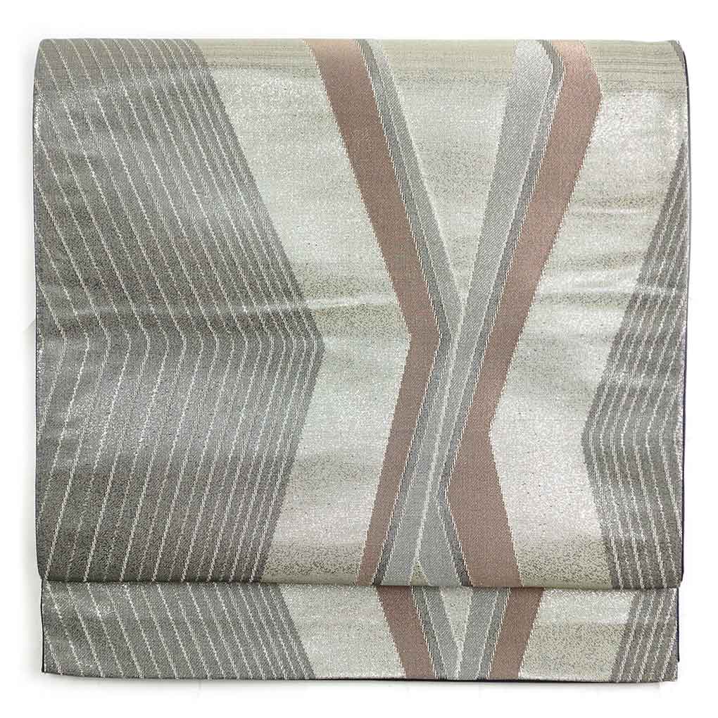 袋帯 リサイクル帯 幅31cm 長さ415cm レディース 連続模様 秋冬春用 正絹（シルク）シルバー やや難 リメイク リユース【ランクB】