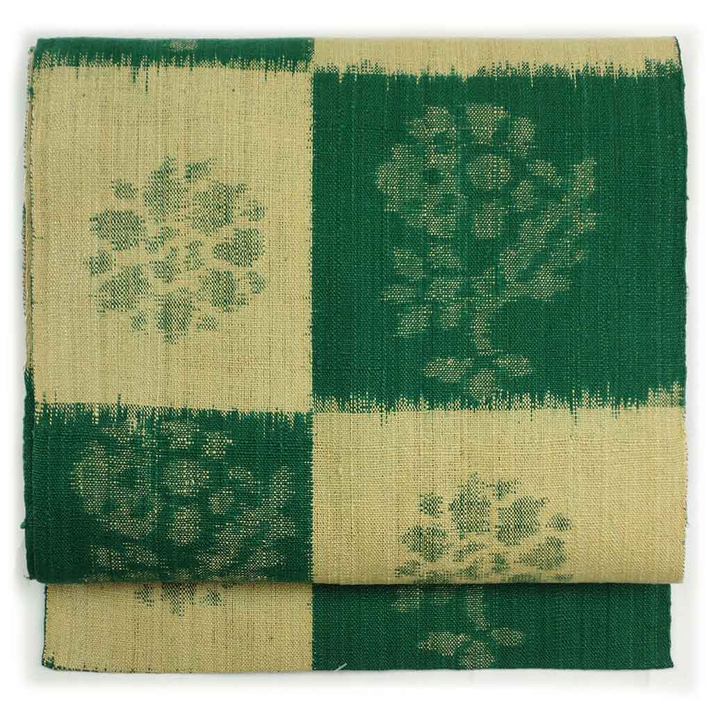 名古屋帯 リサイクル帯 幅31cm 長さ364cm レディース 市松 秋冬春用 正絹（シルク）グリーン 美品 リメイク リユース【ランクA】